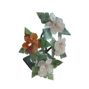 Vintage Chinese Jade & Rose Quartz Bonsai Tree Translucent Flowers In Pot